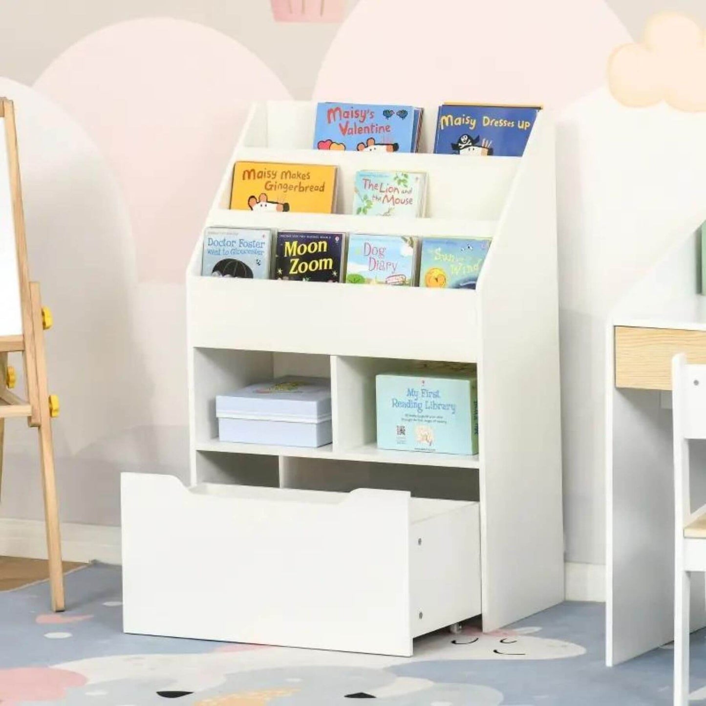 HOMCOM Kids Bookcase Multi-Shelf Book Rack with Mobile Drawer, White
