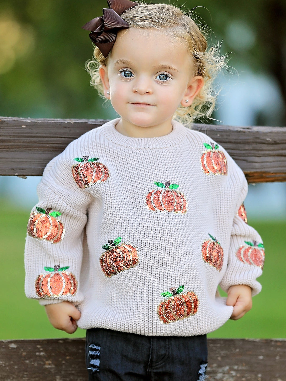 Three Little Tots Thanksgiving Pumpkin Sequin Sweater Beige Perfect for Fall, additional view