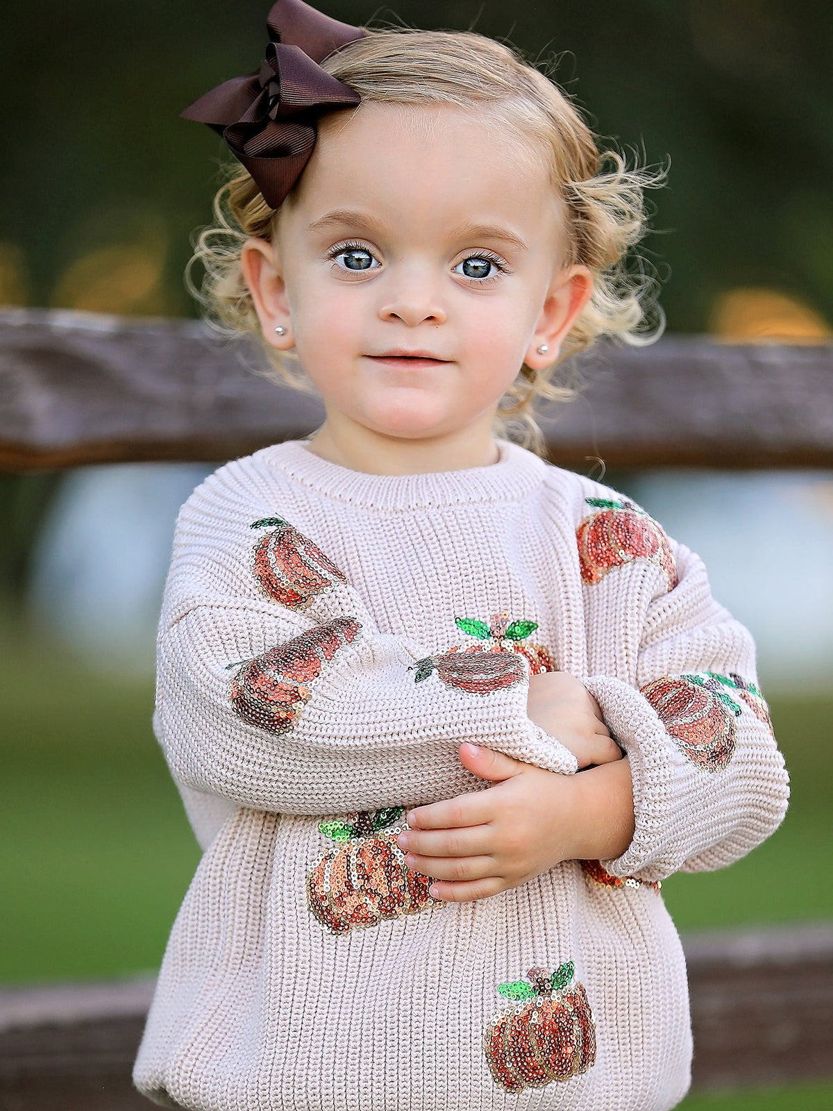Three Little Tots Thanksgiving Pumpkin Sequin Sweater Beige Perfect for Fall, alternate angle