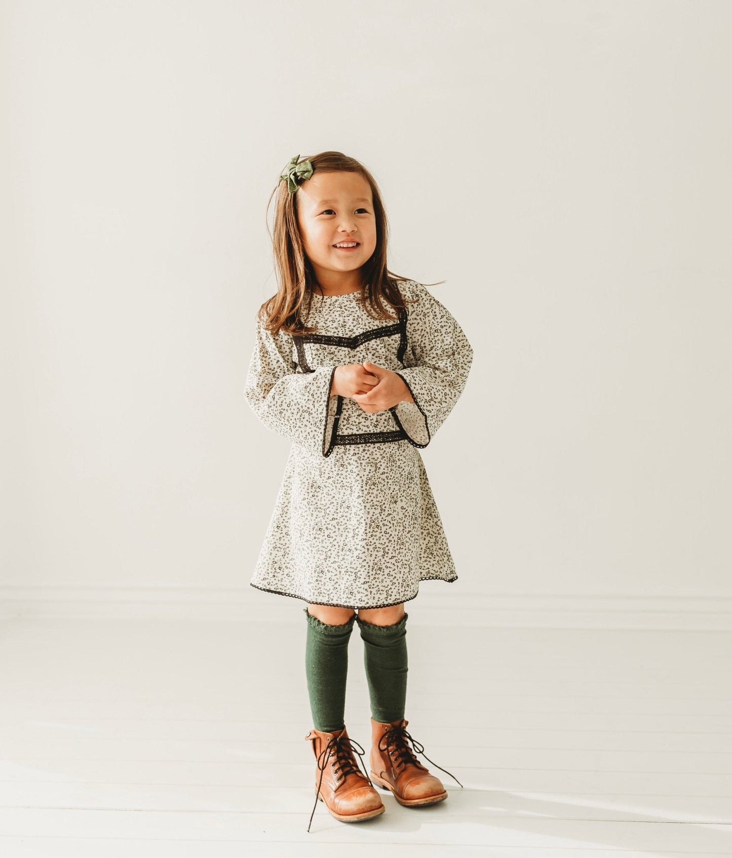 Three Little Tots Lace Yoke Off-White and Grey Printed Dress, additional product photo