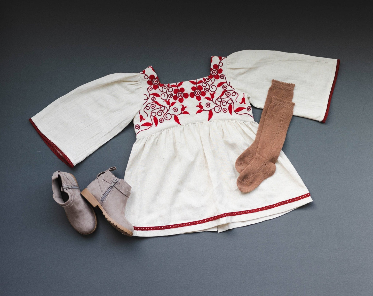Three Little Tots Linen Blend Natural Hand Embroidery Dress, additional view