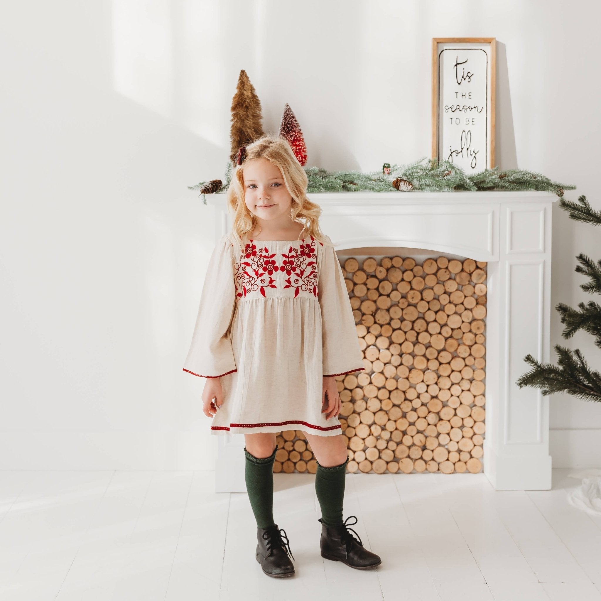 Three Little Tots Linen Blend Natural Hand Embroidery Dress