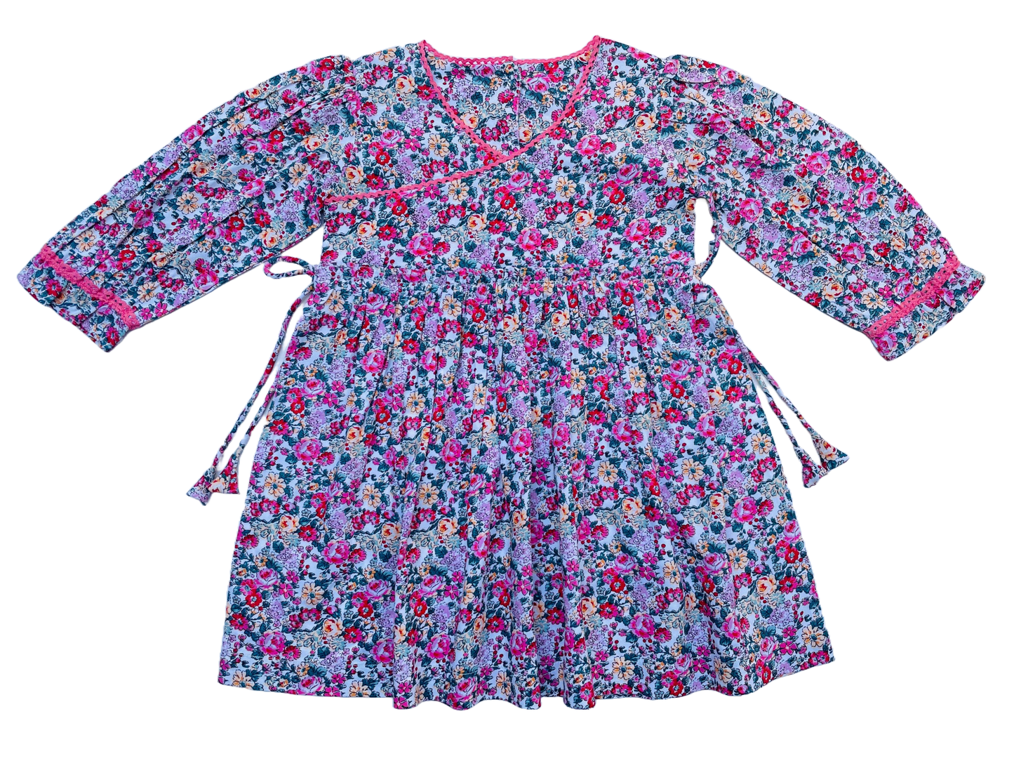Long Sleeves Pink Bloom Overlap Girl's Cotton Dress