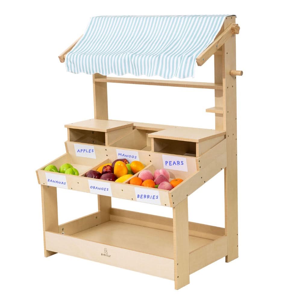Three Little Tots Cypress Wooden Market Stand Pretend Play Shop for Kids with Storage, supplementary photo