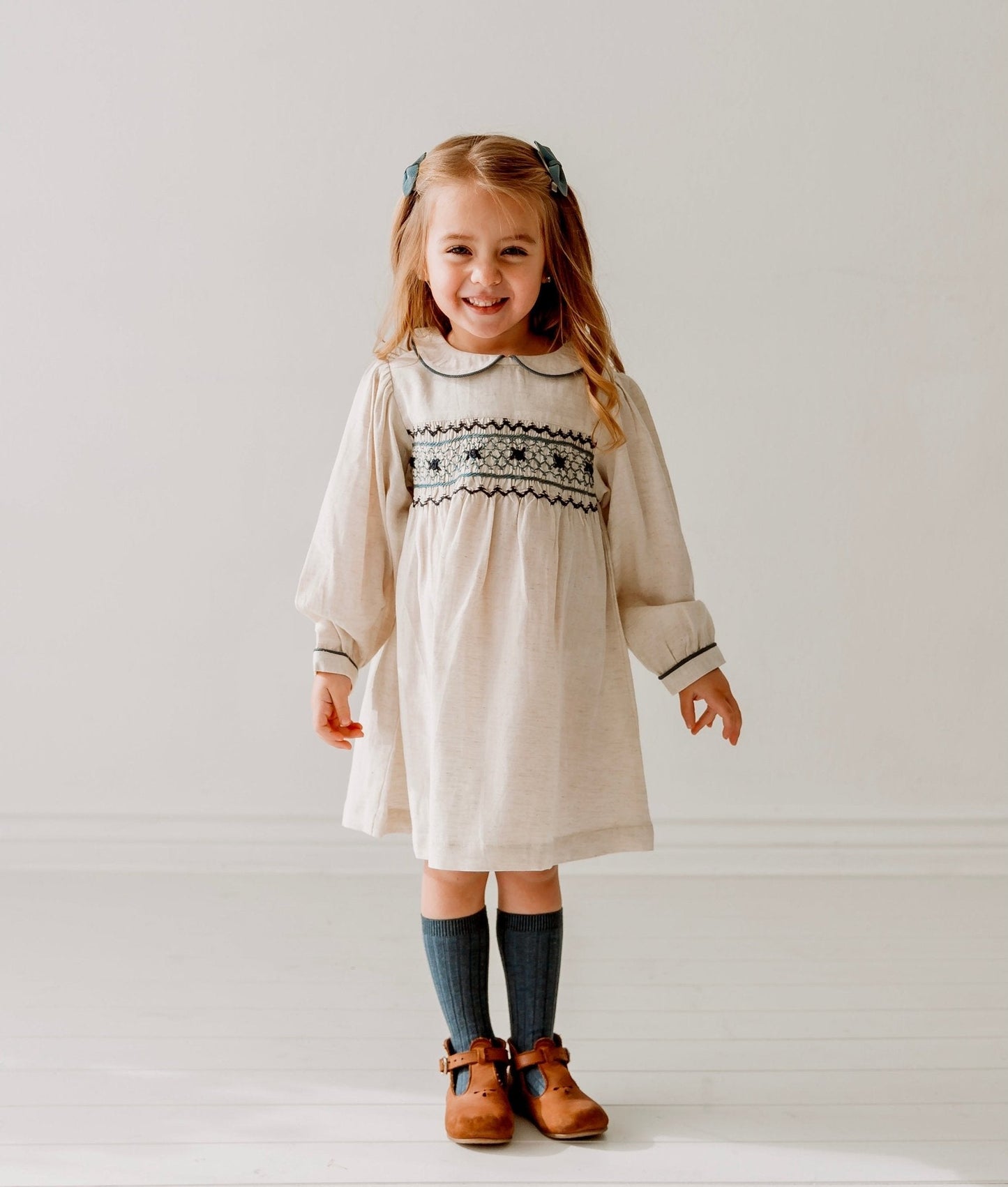 Three Little Tots Natural Linen Blend Hand Smocked Girl's Dress