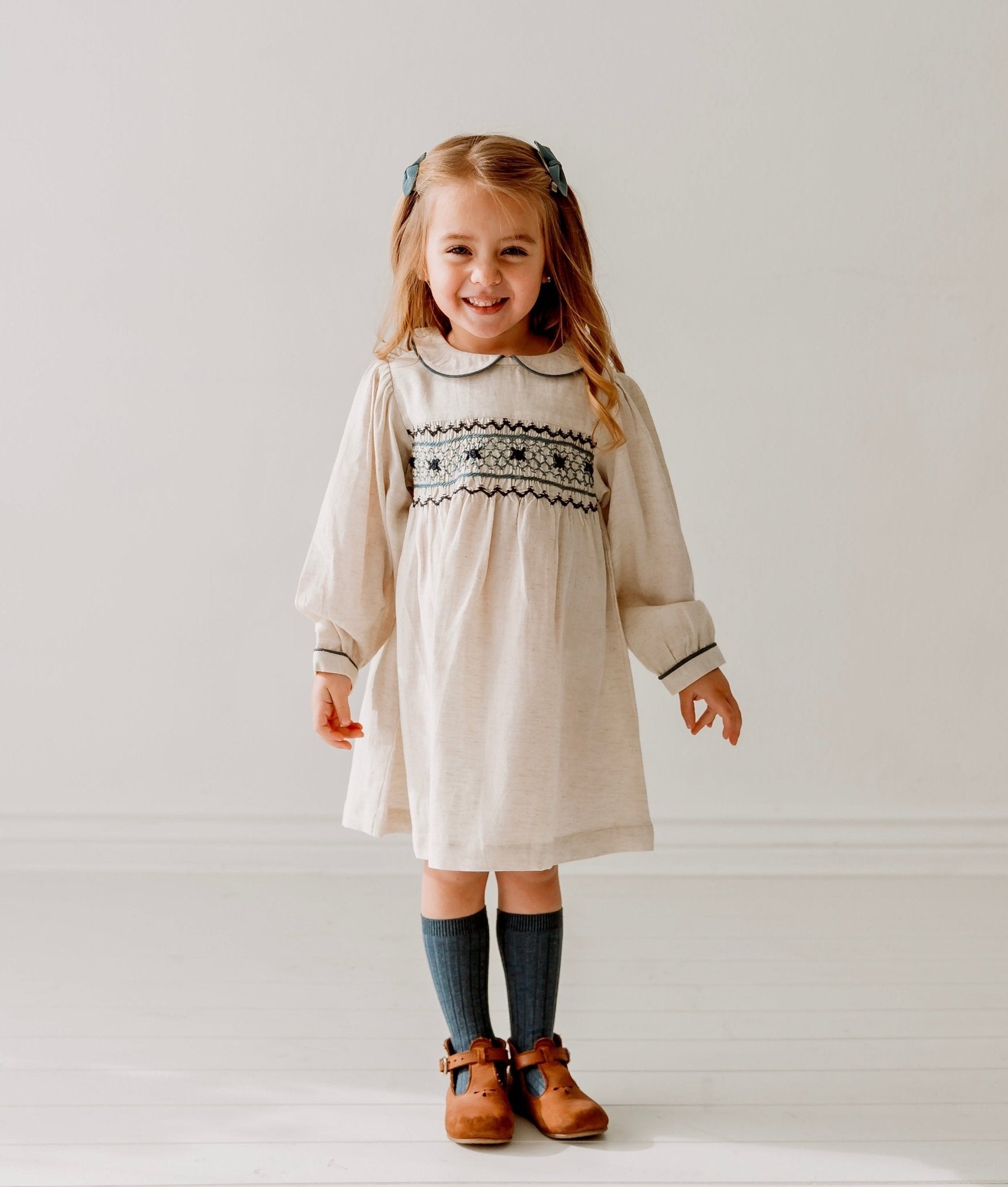 Three Little Tots Natural Linen Blend Hand Smocked Girl's Dress