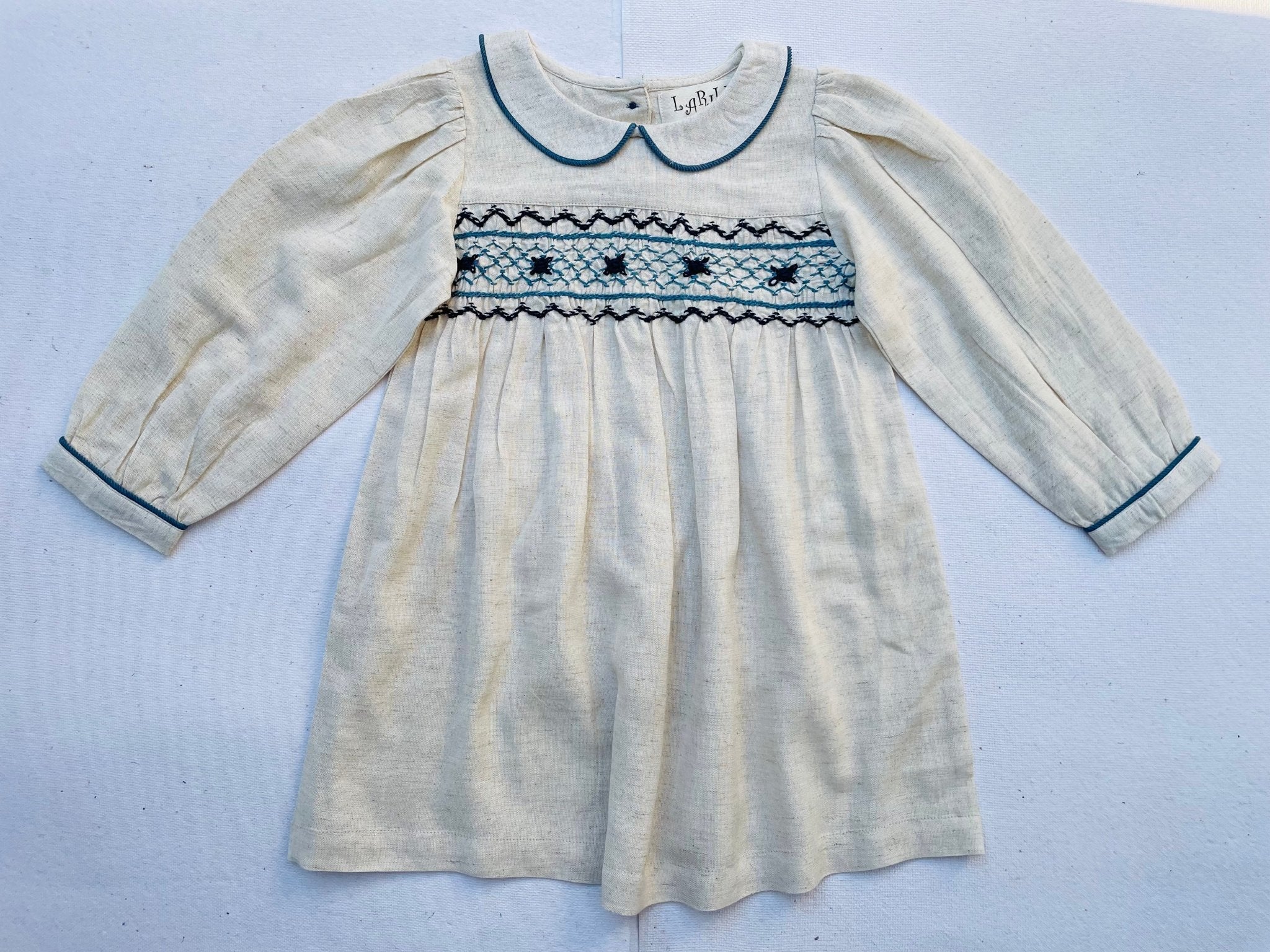 Three Little Tots Natural Linen Blend Hand Smocked Girl's Dress, extra product detail