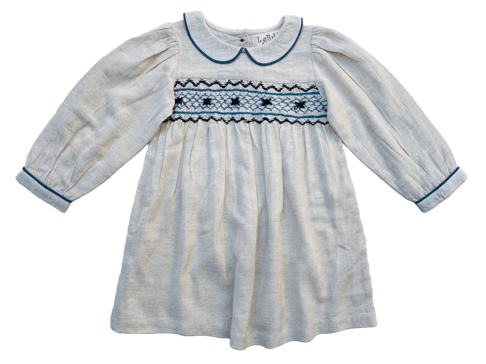 Three Little Tots Natural Linen Blend Hand Smocked Girl's Dress, another angle