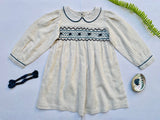 Three Little Tots Natural Linen Blend Hand Smocked Girl's Dress, alternate angle