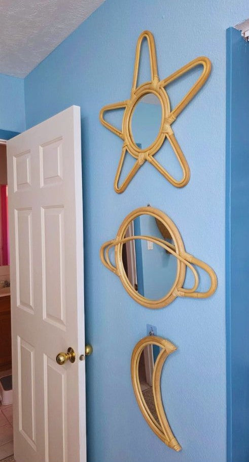 Rattan Star Wall Mirror – Boho & Space Kids Room Decor - Celestial Theme - Universe theme kids room