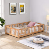 Civil HN Solid Wood Full Size Floor Bed with Door & Safety Guardrails for Children, Natural Pine Wood