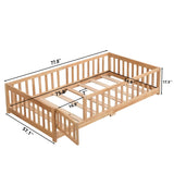 Civil HN Solid Wood Full Size Floor Bed with Door & Safety Guardrails for Children, Natural Pine Wood