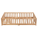 Civil HN Solid Wood Full Size Floor Bed with Door & Safety Guardrails for Children, Natural Pine Wood