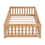 Civil HN Solid Wood Full Size Floor Bed with Door & Safety Guardrails for Children, Natural Pine Wood