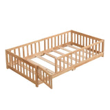 Civil HN Solid Wood Full Size Floor Bed with Door & Safety Guardrails for Children, Natural Pine Wood