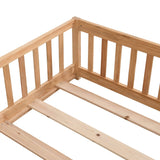 Civil HN Solid Wood Full Size Floor Bed with Door & Safety Guardrails for Children, Natural Pine Wood