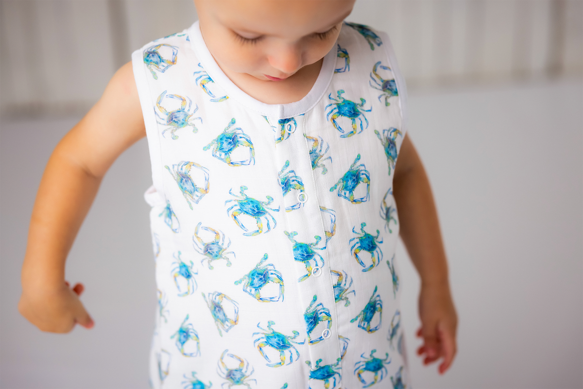 Three Little Tots Catching Crabs Organic Muslin Shortalls, alternate angle