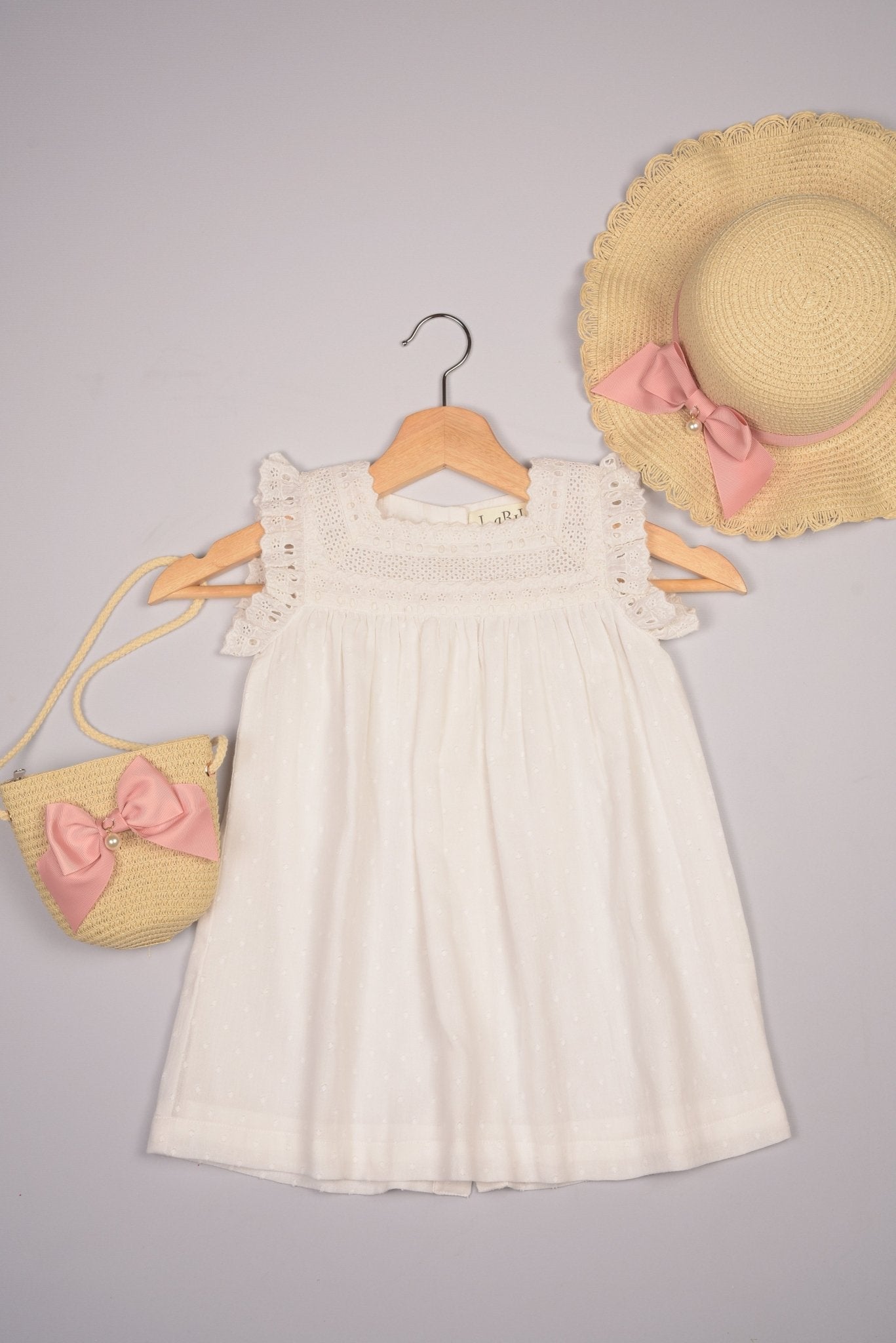 Three Little Tots Off-white Lace Yoke Girl's Dobby Dress, additional product photo