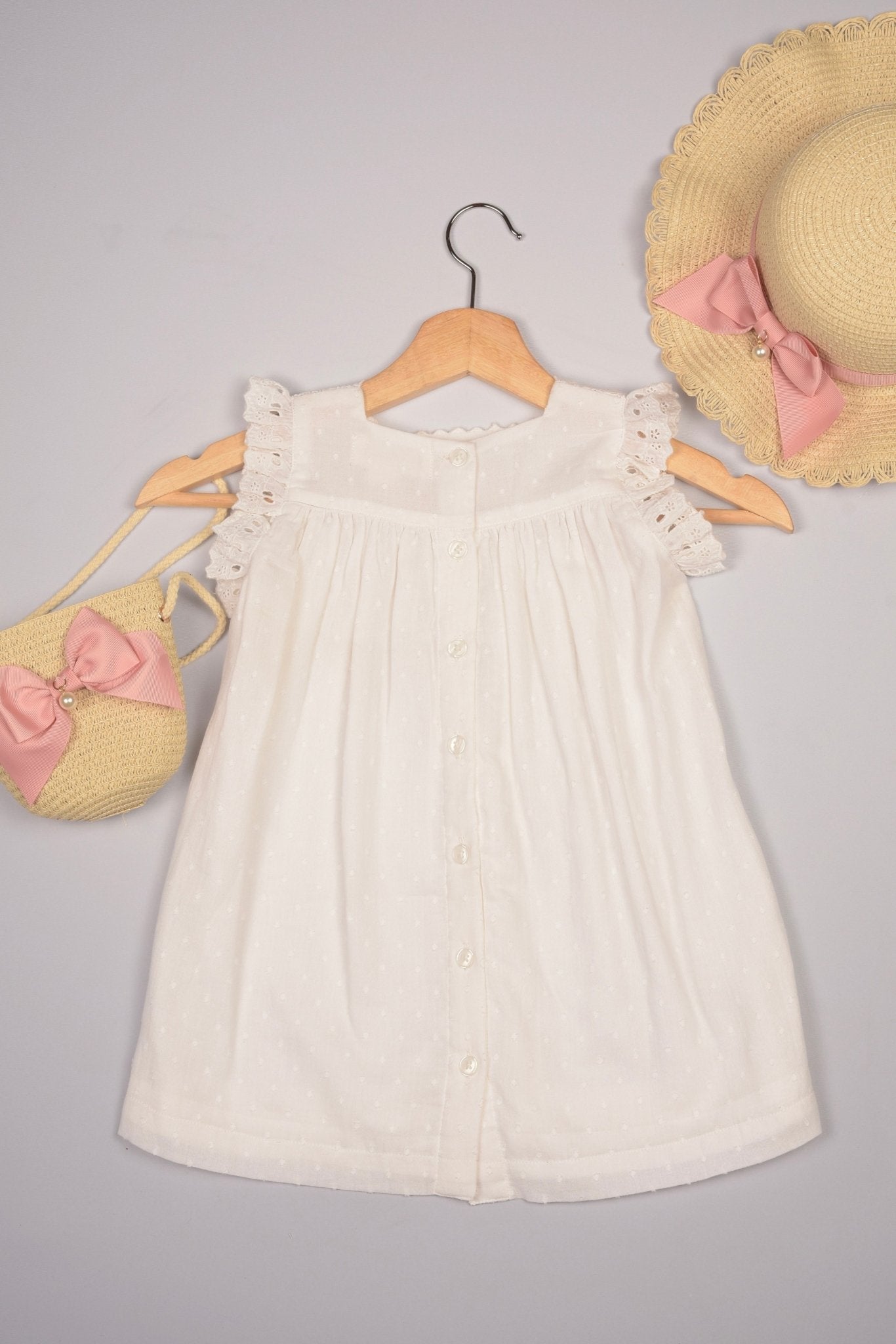 Three Little Tots Off-white Lace Yoke Girl's Dobby Dress, alternate angle