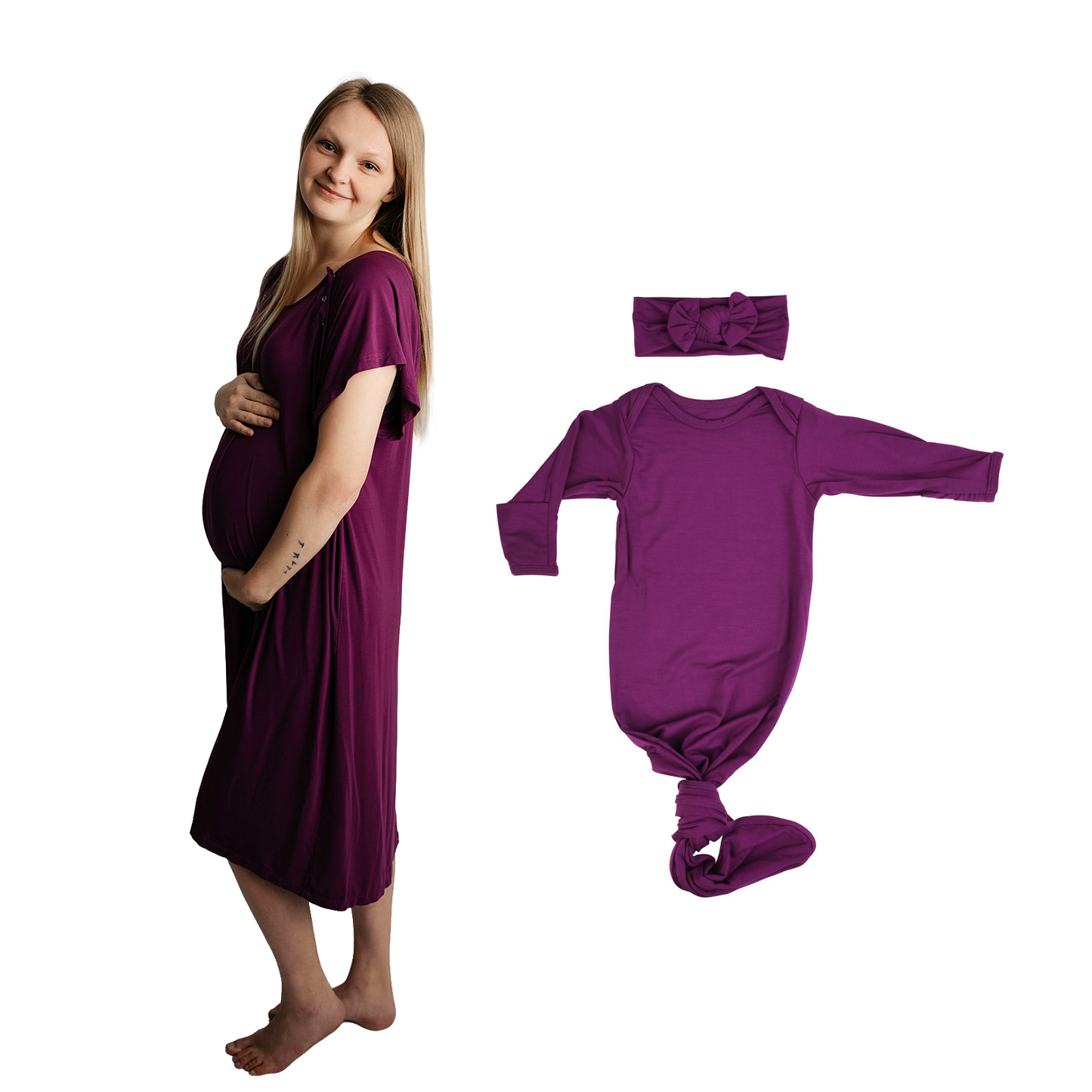Plum Purple Mommy & Me Matching Labor Gown and Newborn Knotted Baby Gown