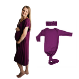 Plum Purple Mommy & Me Matching Labor Gown and Newborn Knotted Baby Gown