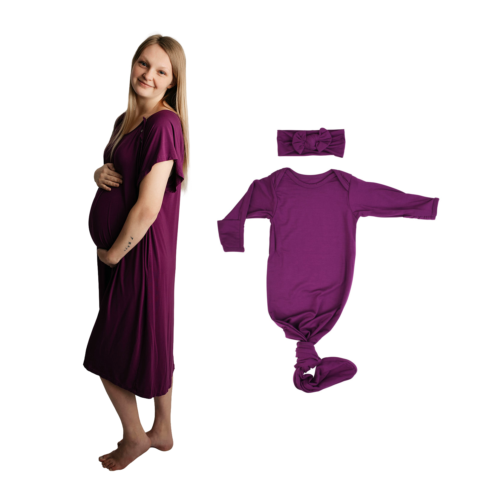 Plum Purple Mommy & Me Matching Labor Gown and Newborn Knotted Baby Gown