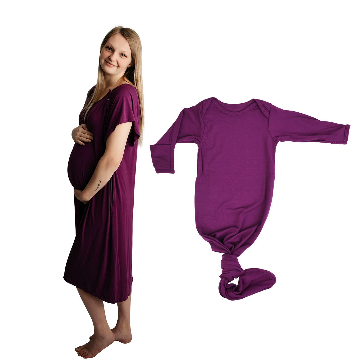 Plum Purple Mommy & Me Matching Labor Gown and Newborn Knotted Baby Gown