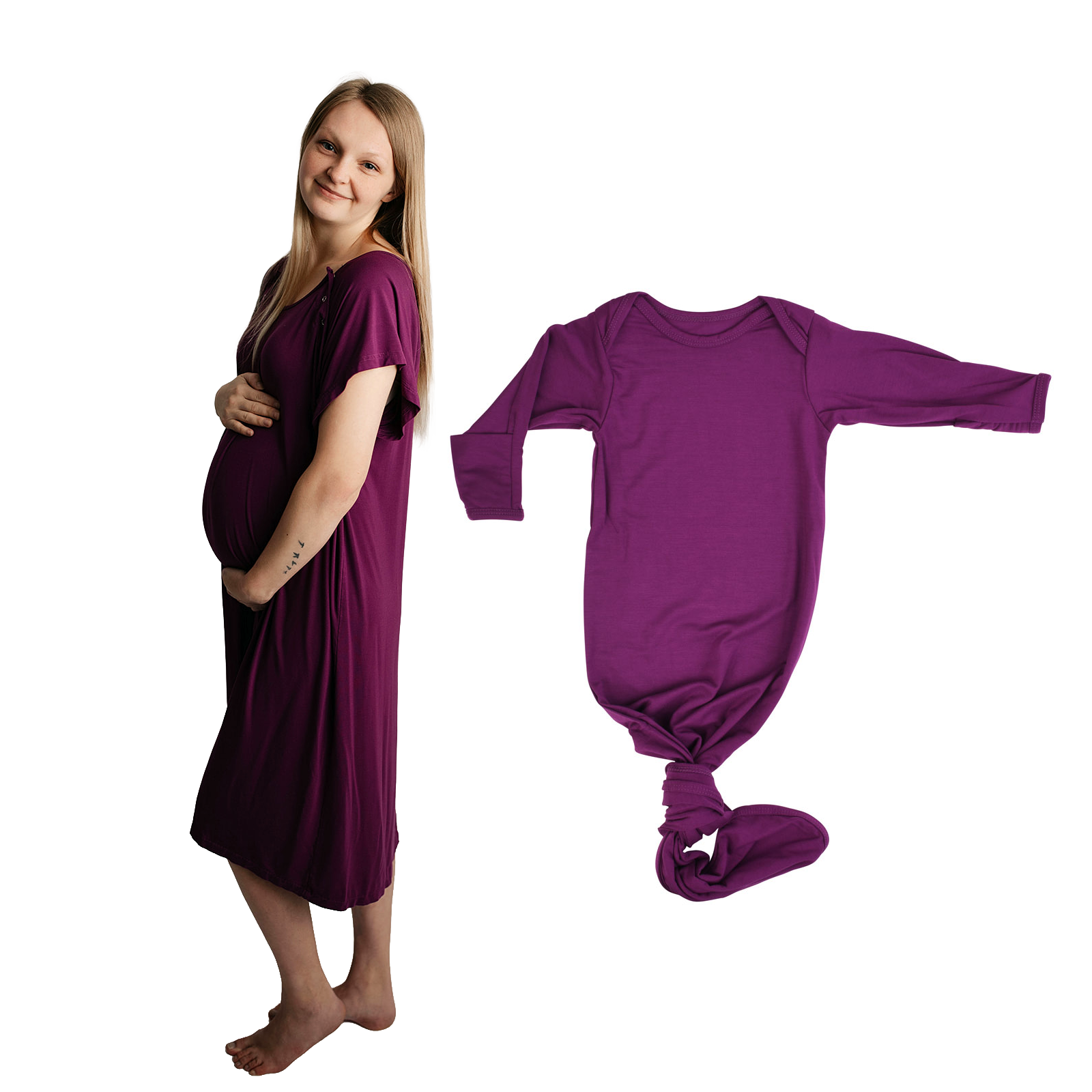 Plum Purple Mommy & Me Matching Labor Gown and Newborn Knotted Baby Gown