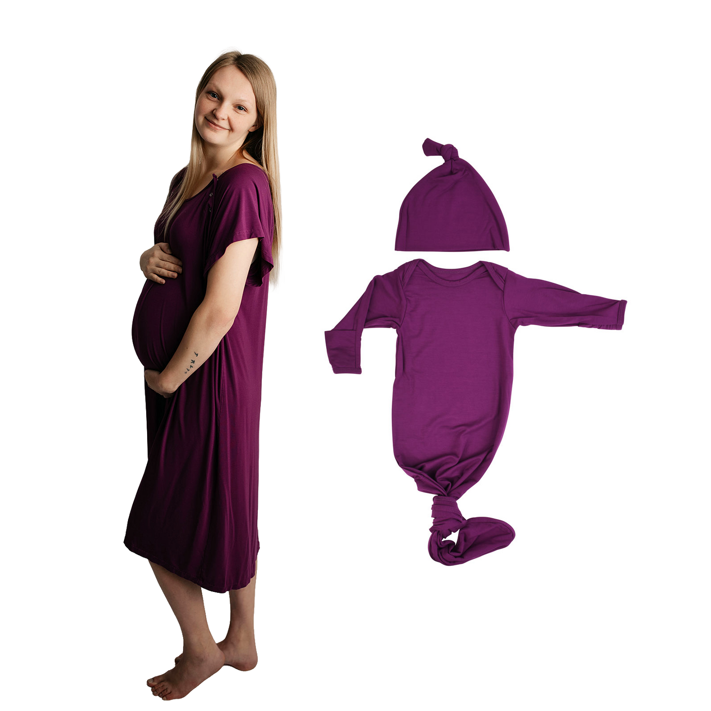 Plum Purple Mommy & Me Matching Labor Gown and Newborn Knotted Baby Gown