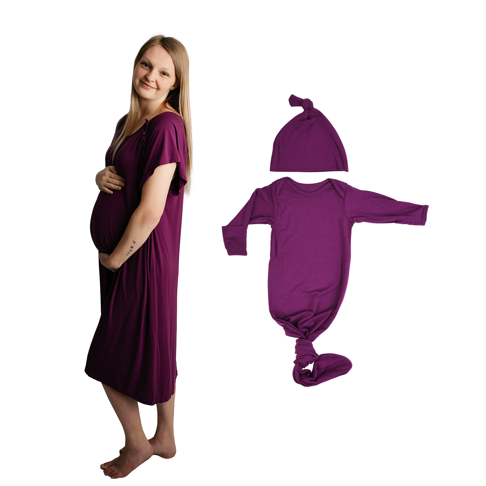 Plum Purple Mommy & Me Matching Labor Gown and Newborn Knotted Baby Gown