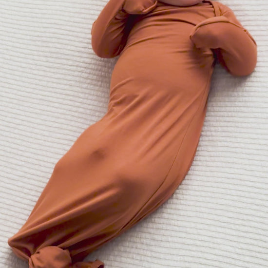 Three Little Tots Knotted baby gown saddle longhorn orange. The top knotted baby gown. Ultra soft bamboo like knotted baby gown