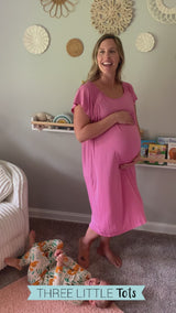 Ultra-soft, stretchy maternity gown with full backside coverage, perfect for pre and post-baby comfort.