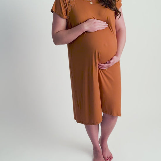 Three Little Tots Saddle Longhorn Orange Labor and delivery gown. The cutest softest Labor and delivery hospital gown. Snaps down the shoulder allow for you to pull up and down over IVs and for easy access to breastfeed