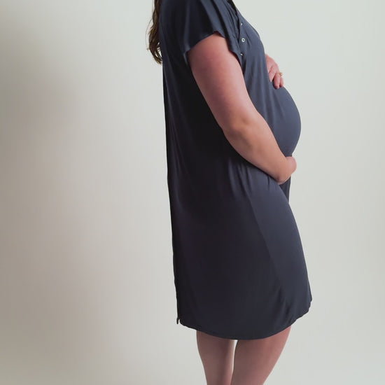 Three Little Tots Navy Blue Labor and delivery gown. The cutest softest Labor and delivery hospital gown. Snaps down the shoulder allow for you to pull up and down over IVs and for easy access to breastfeed