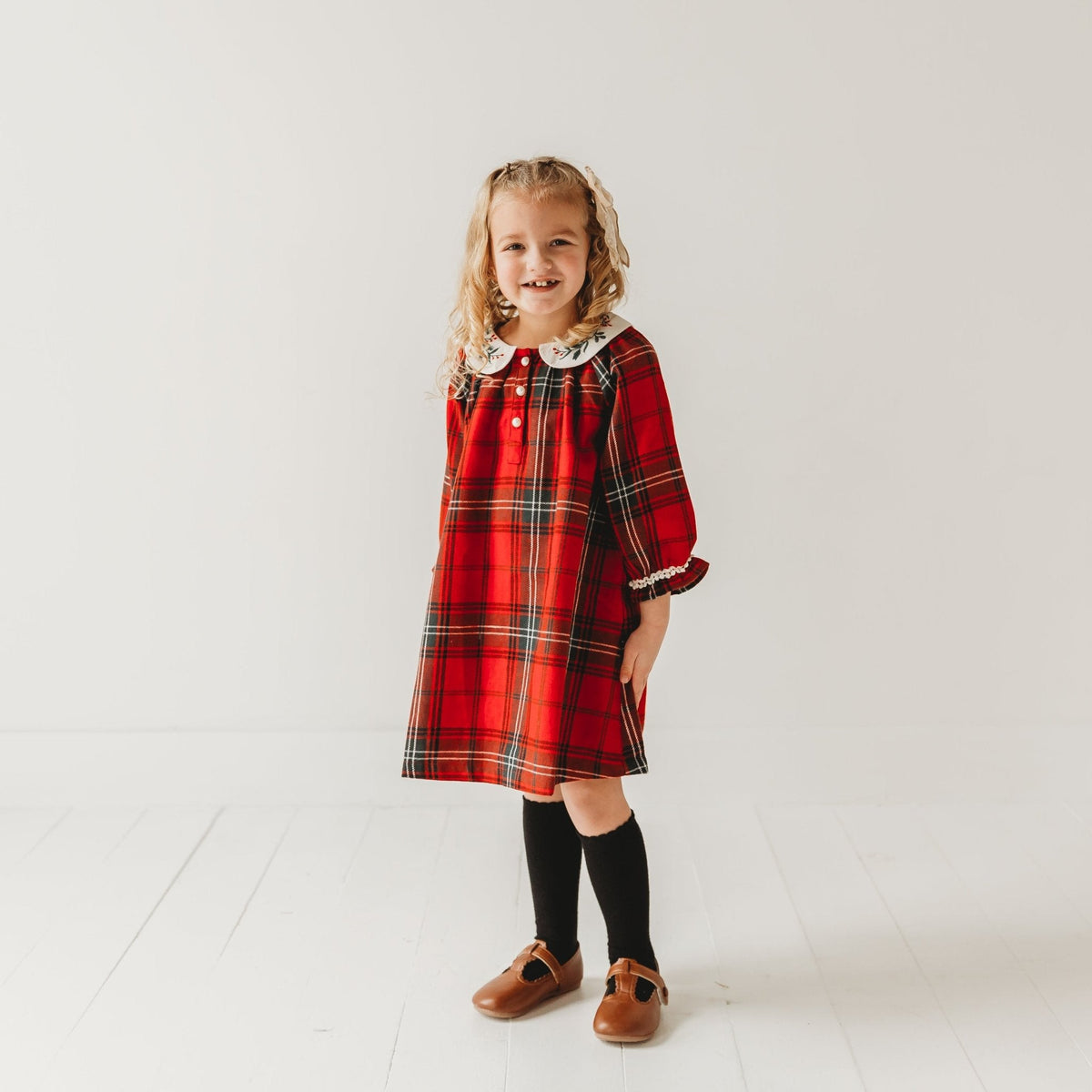 Red Plaid Girl's Christmas Dress Embroidery