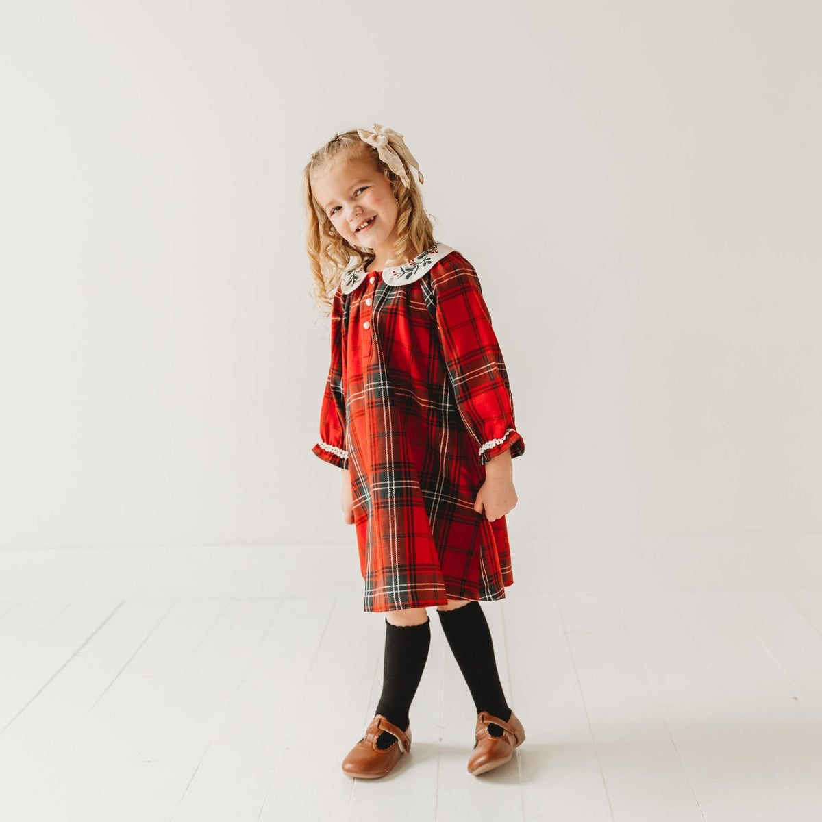 Red Plaid Girl's Christmas Dress Embroidery