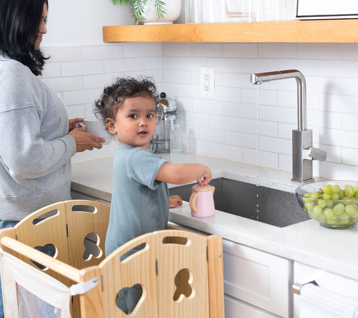 Three Little Tots Laurel 4-in-1 Foldable Kitchen Tower Step Stool Slide and Chalkboard for Toddlers, another angle