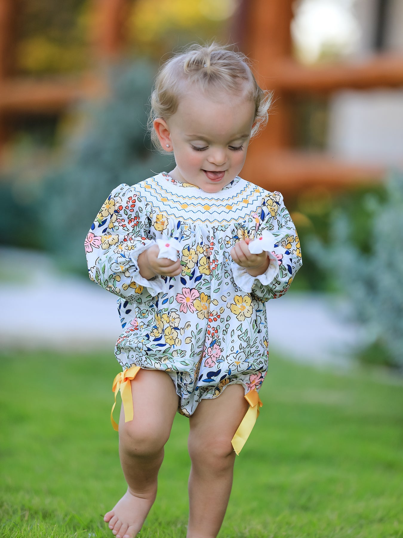 Embroidery Smocking Bow Floral Leaf Baby Girls Romper