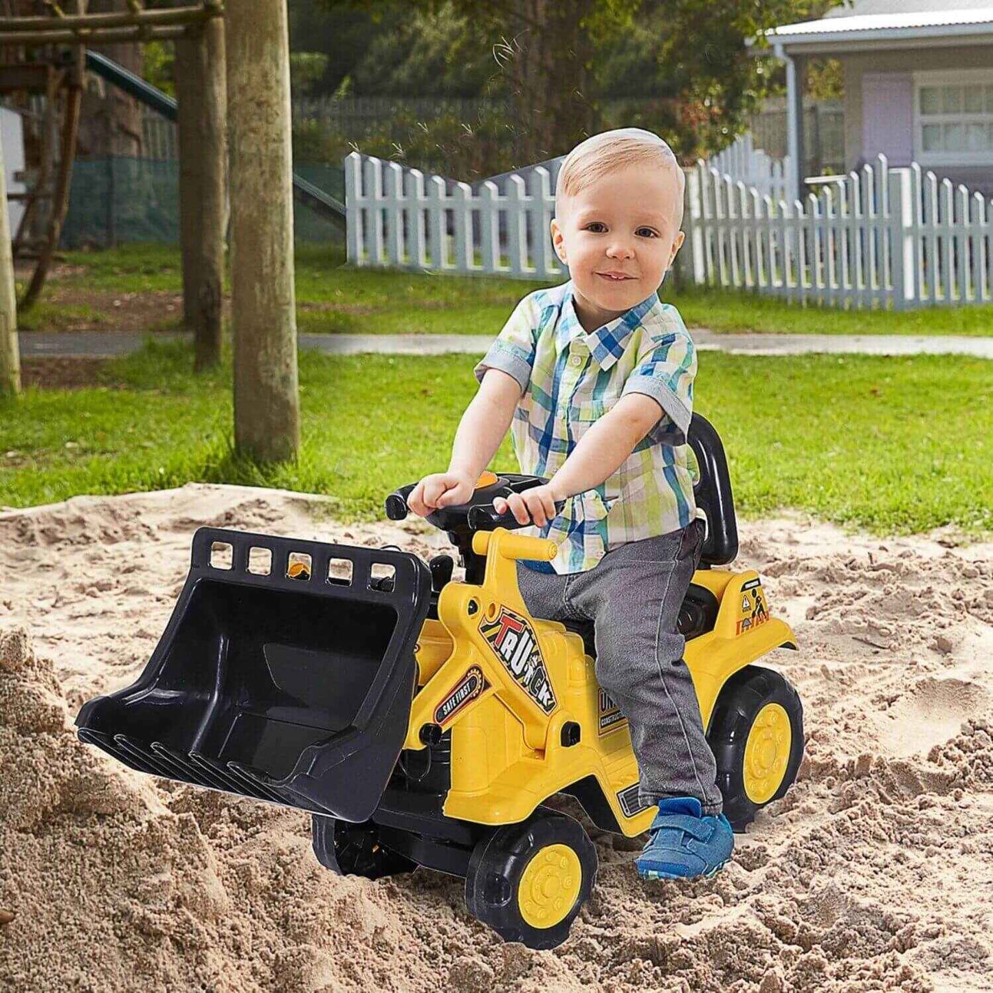 HOMCOM 3-in-1 Ride On Toy Bulldozer Digger Tractor Pulling Cart