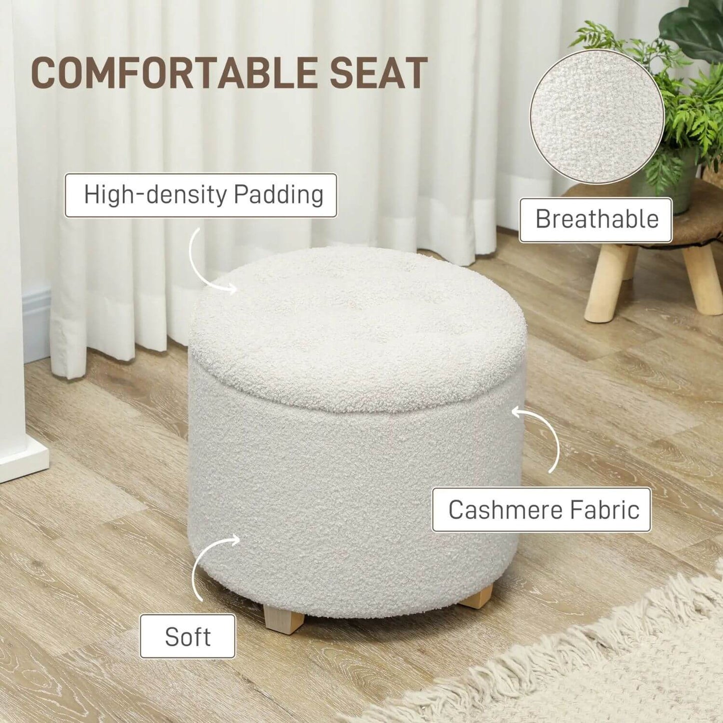 HOMCOM 18" Round Cashmere Button Tufted Foot Stool with Lid, White