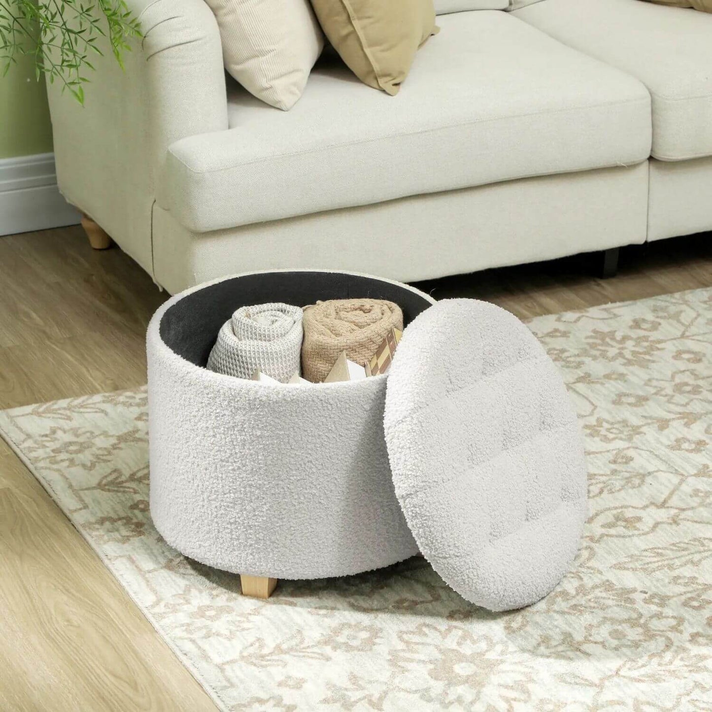 HOMCOM 18" Round Cashmere Button Tufted Foot Stool with Lid, White
