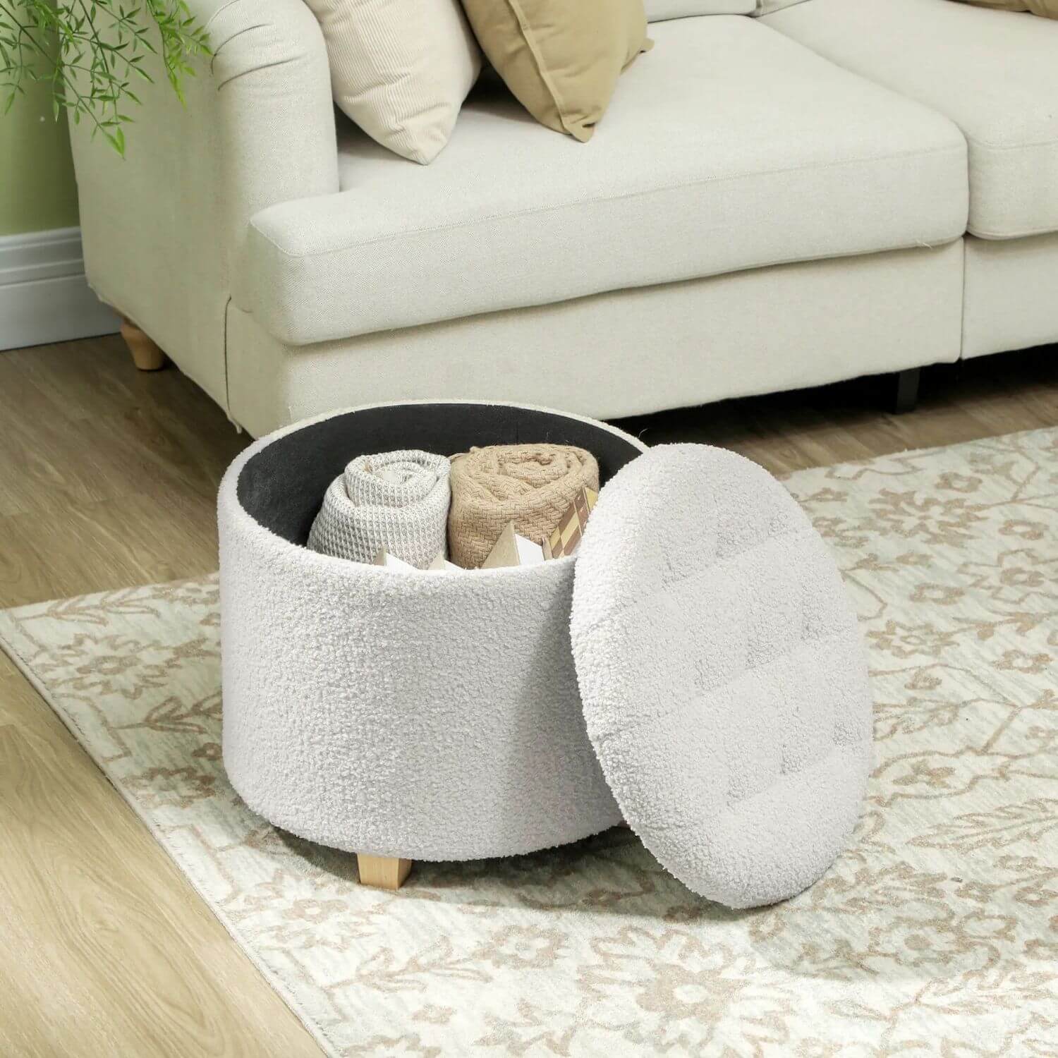 HOMCOM 18" Round Cashmere Button Tufted Foot Stool with Lid, White