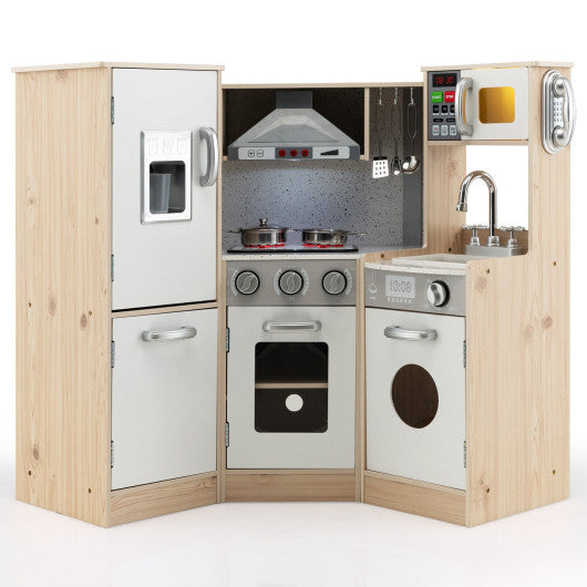 Three Little Tots Kids Corner Wooden Kitchen Playset with Cookware Accessories