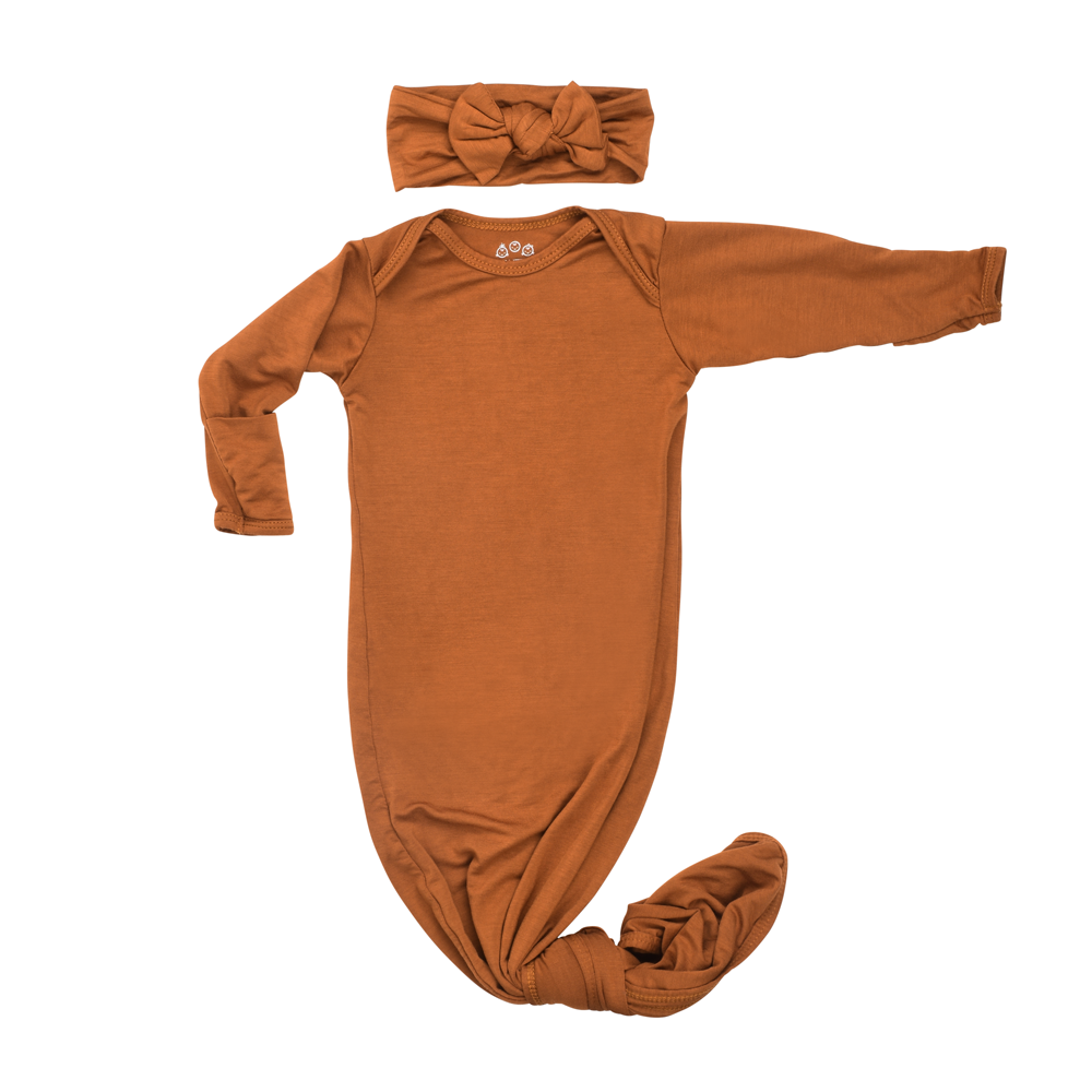 Three Little Tots Knotted baby gown saddle longhorn orange. The top knotted baby gown. Ultra soft bamboo like knotted baby gown