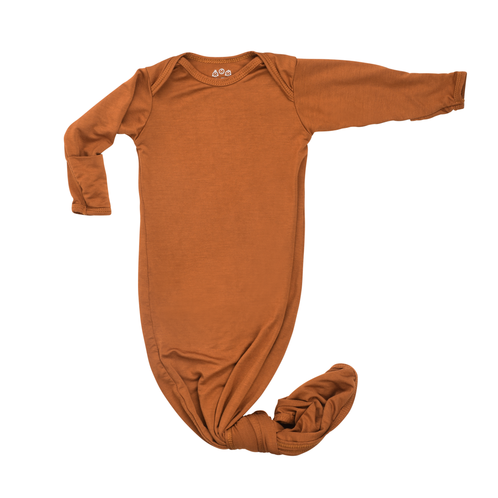 Three Little Tots Knotted baby gown saddle longhorn orange. The top knotted baby gown. Ultra soft bamboo like knotted baby gown