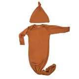Three Little Tots Knotted baby gown saddle longhorn orange. The top knotted baby gown. Ultra soft bamboo like knotted baby gown