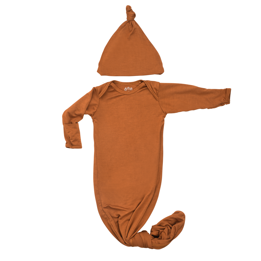 Three Little Tots Knotted baby gown saddle longhorn orange. The top knotted baby gown. Ultra soft bamboo like knotted baby gown