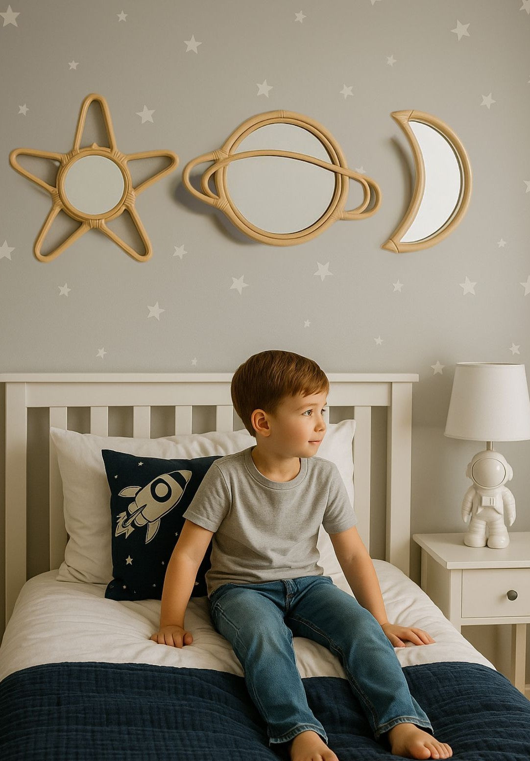 Rattan Moon Wall Mirror – Boho Space & Mystical Kids Room Decor