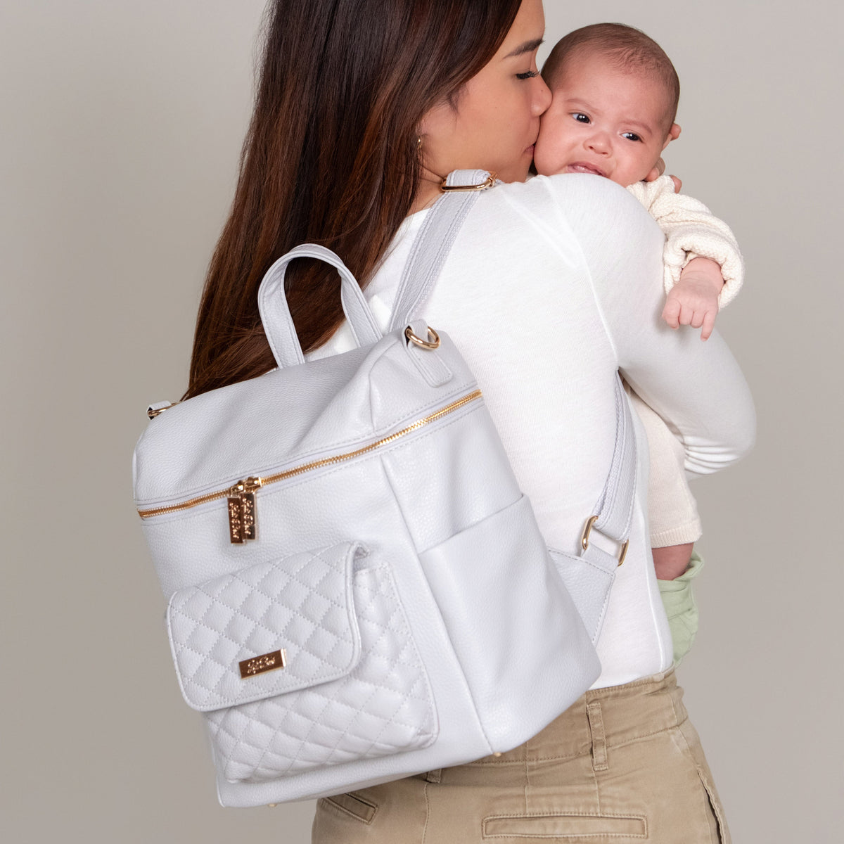 Three Little Tots Petit Diaper Bag Stone Grey, shown in everyday use
