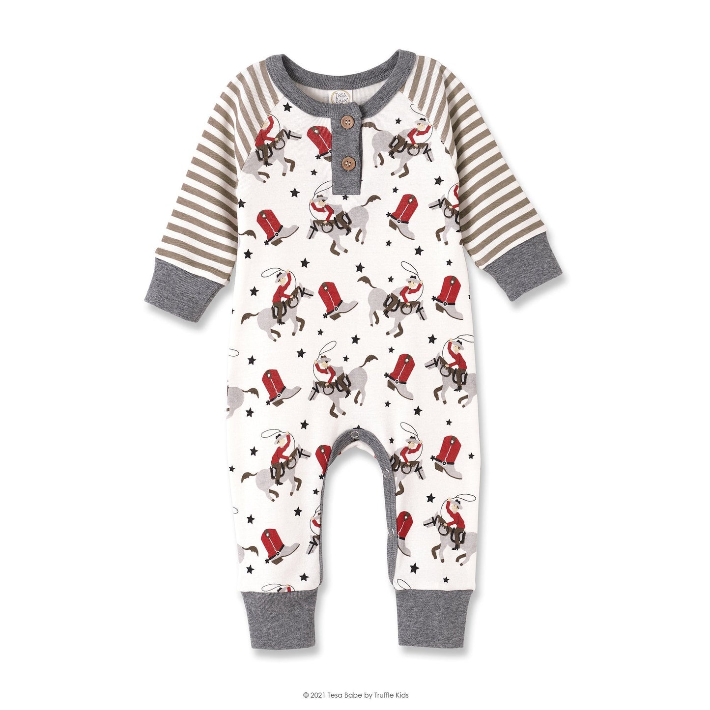 Baby onesie with cowboy print and striped sleeves on a white background